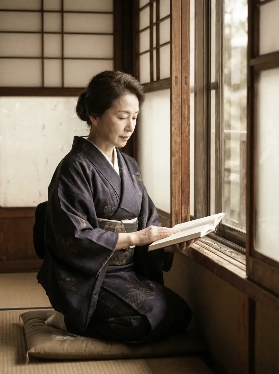 一位优雅的五十岁 桃乃木香奈 身穿深蓝色和服，在窗边静读