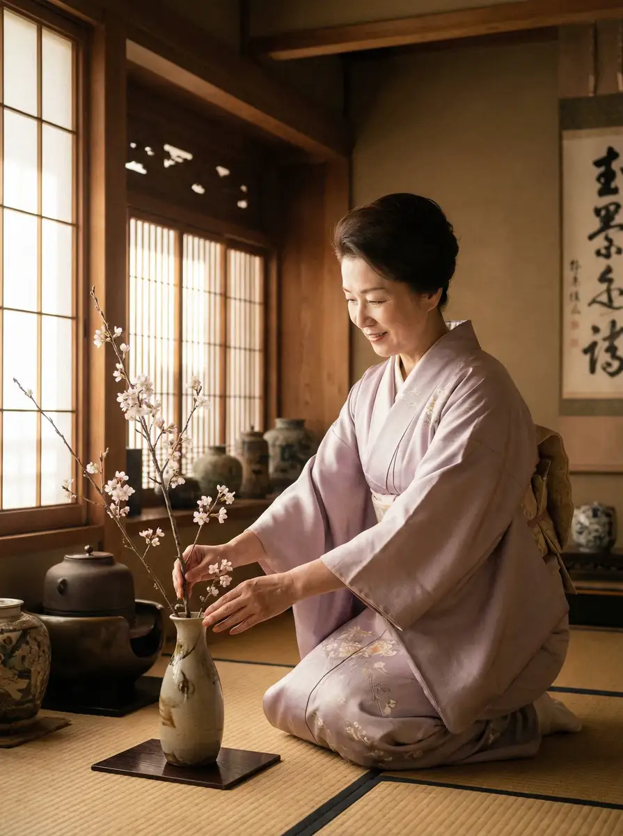 一位优雅的 桃乃木香奈 在和室中插花